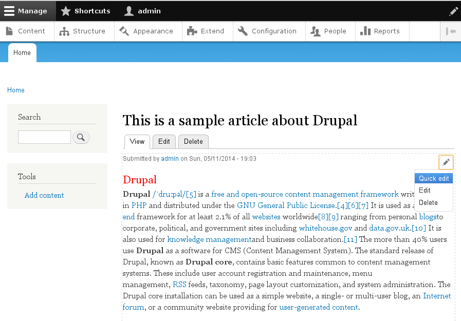 Linkt to quick editing in Drupal 8